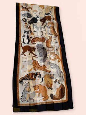 Basha Cat Print Scarf - Long and Rectangular with "Good Kitty" Border
